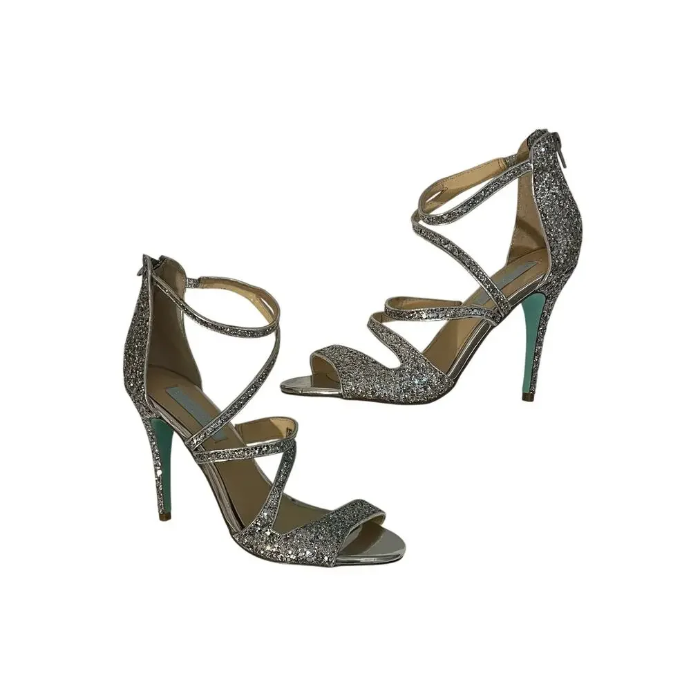 Blue by Betsey Johnson Izzy Women’s Silver Glitter Strappy Stiletto Sandals 8.5